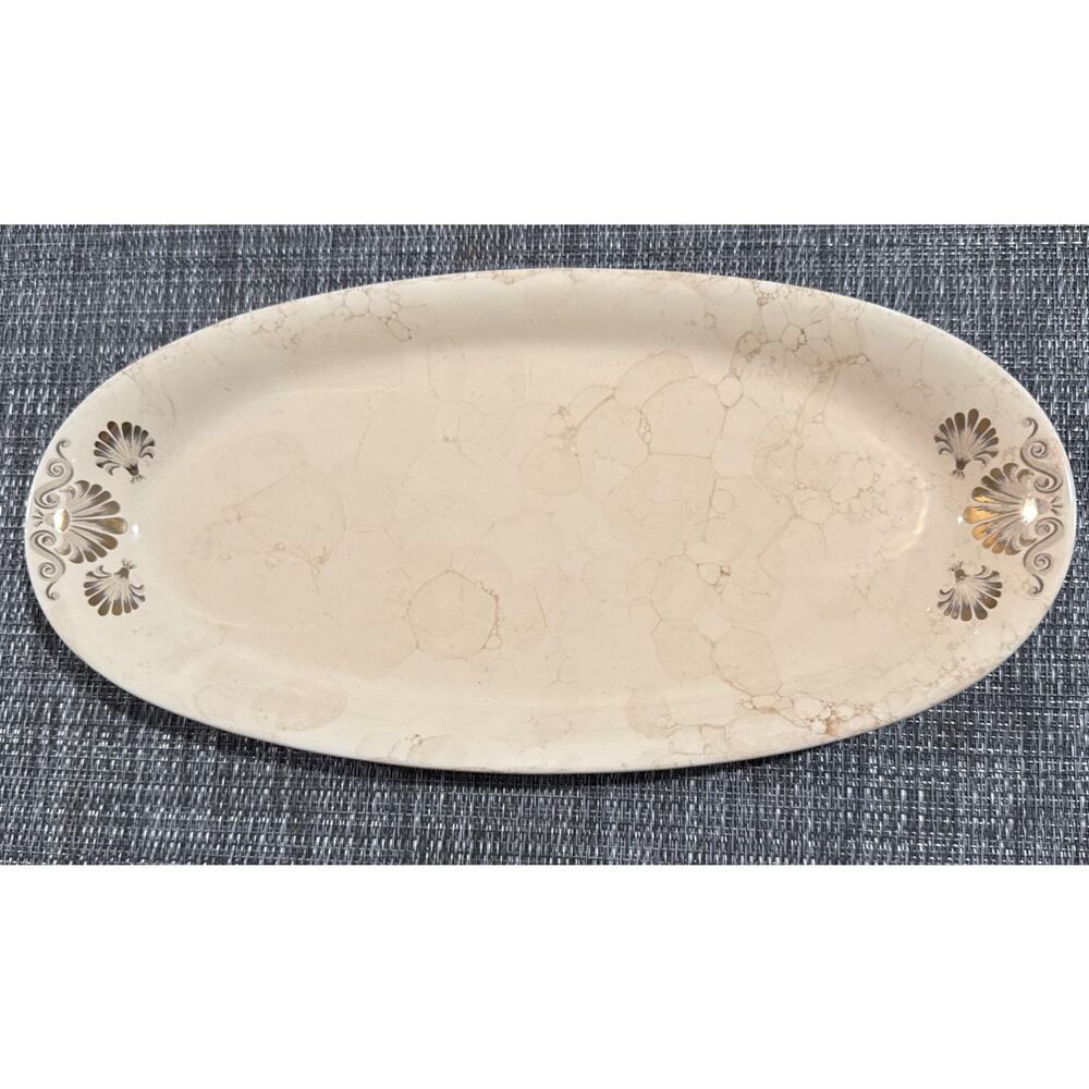 Oval Platter Beige Marbleized Pattern Gold Tone Anthemion Shells by SKL/WW